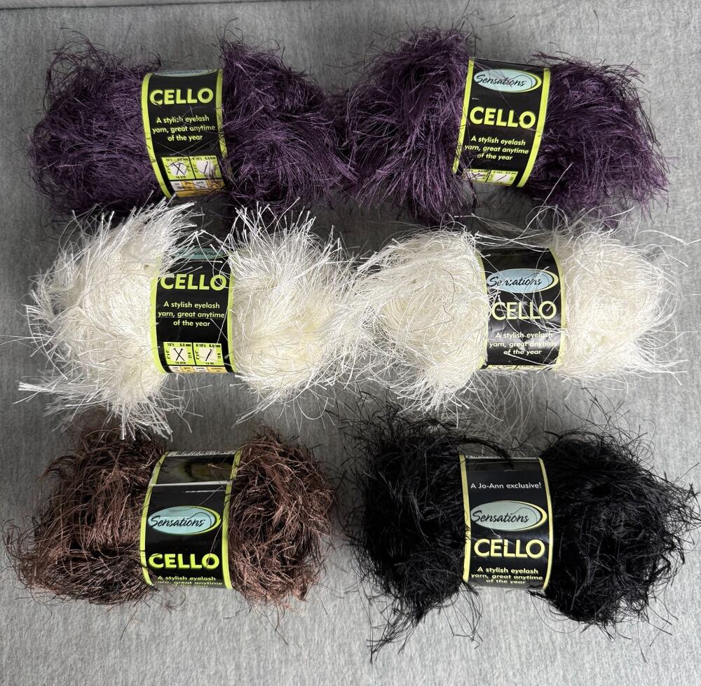 Sensations Cello Eyelash Yarn Mixed Lot of 6 Solid Purple White Mink Black